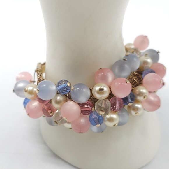 Vintage Pink Purple Cha Cha Bracelet With Glass Beads Faux Pearls - Picture 2 of 5
